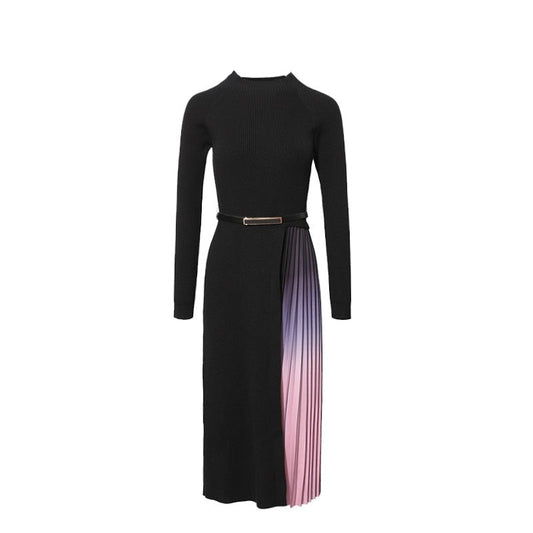 Vestido Gótico Gradient Pleated Splicing Belted Knit