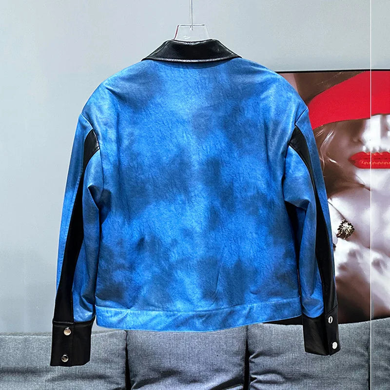 Chaqueta Clásica de Cuero Azul Nocturno