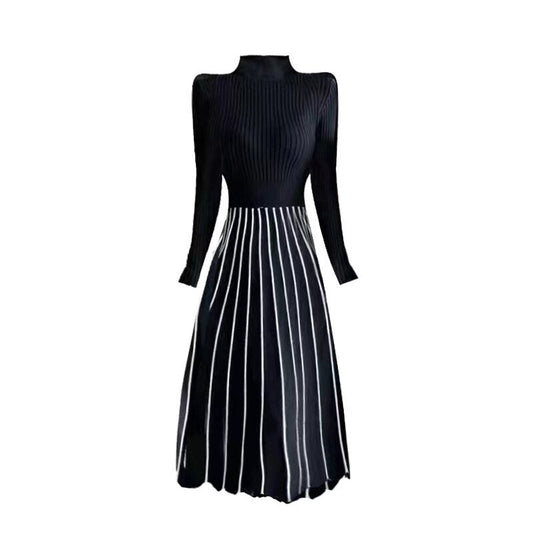 Vestido Gótico Stripe Print Turtleneck Knit Midi