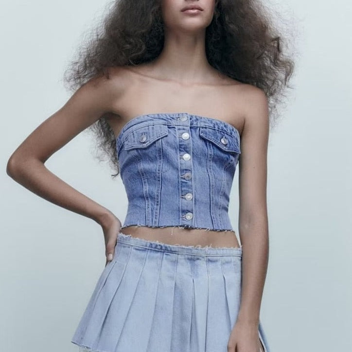 Top Gótico Strapless Denim Corset