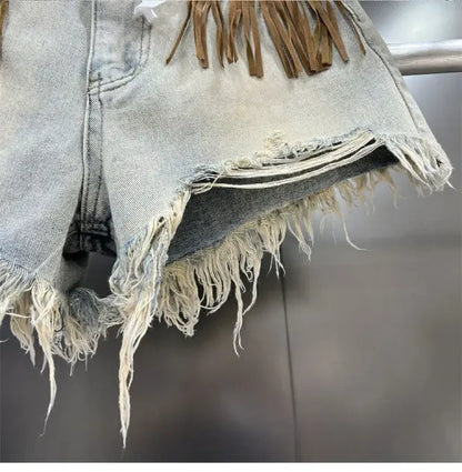 Shorts Góticos Fringe Denim