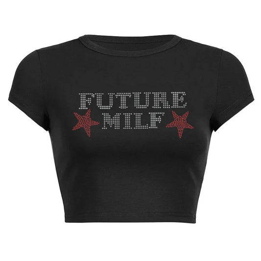 Camiseta Gótica Rhinestone Letters Stars Printing