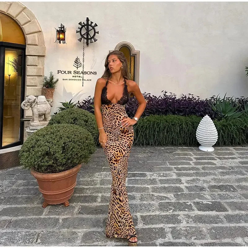 Vestido Gótico Leopard Print Maxi